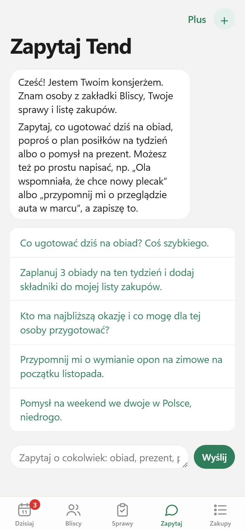 Ekran Zapytaj w aplikacji Tend