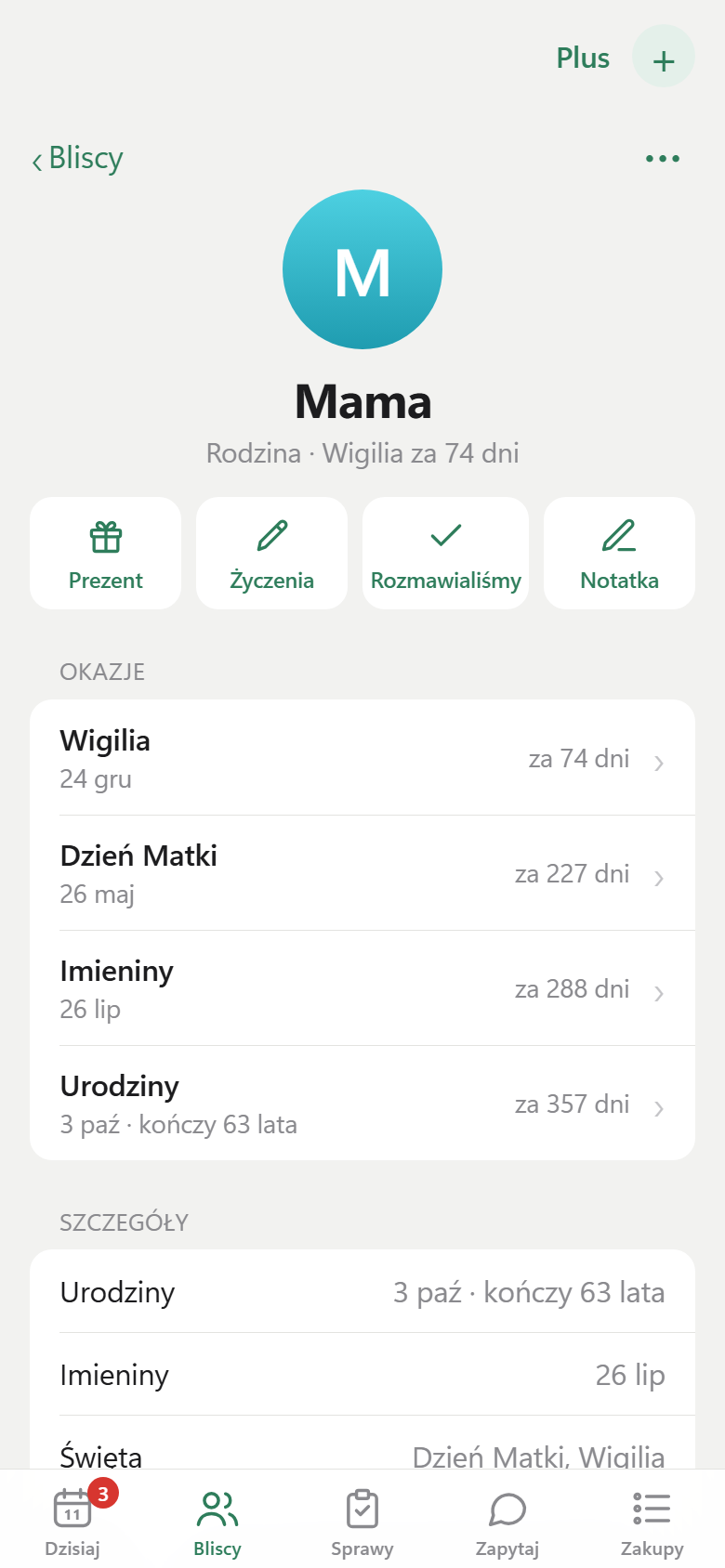 Lista bliskich osób z notatkami i prezentami