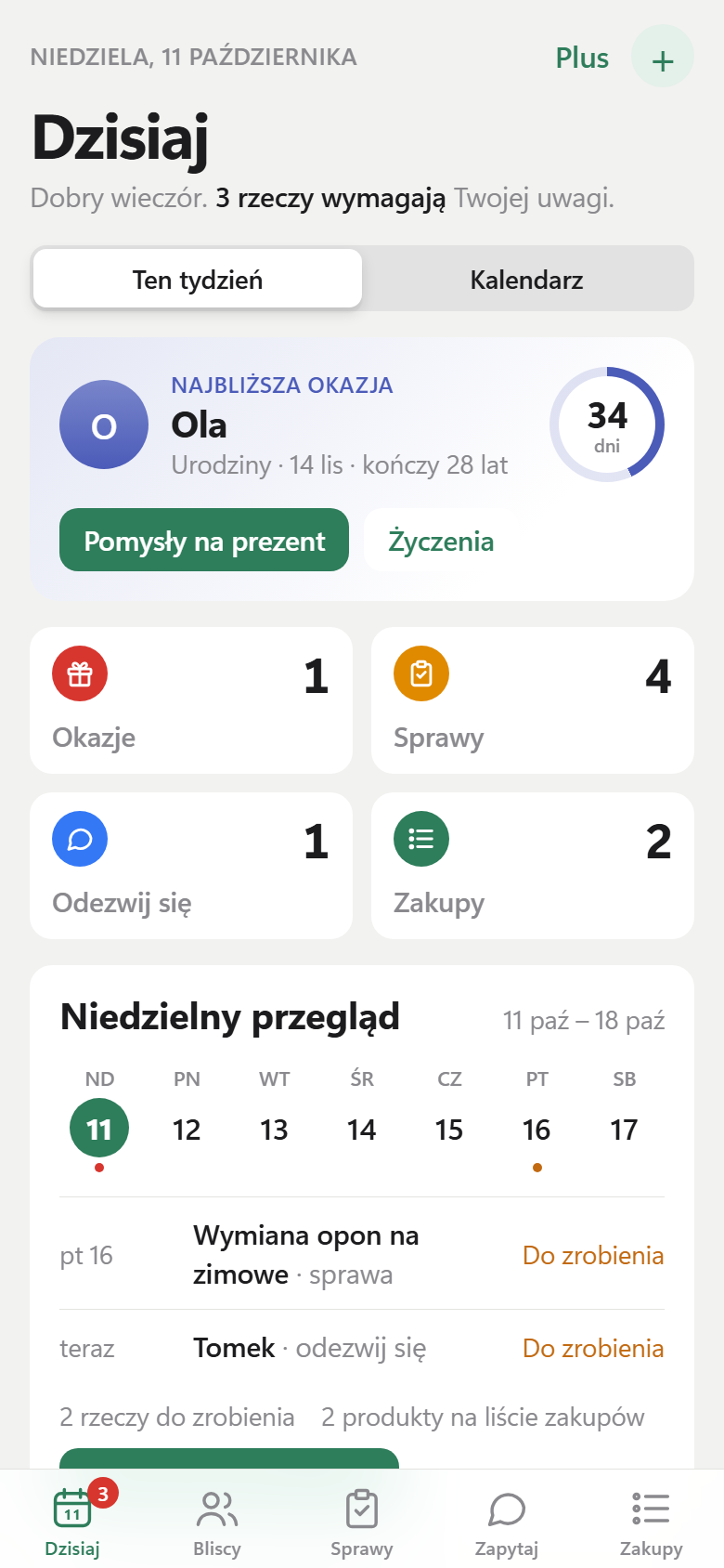 Ekran Dzisiaj w aplikacji Tend